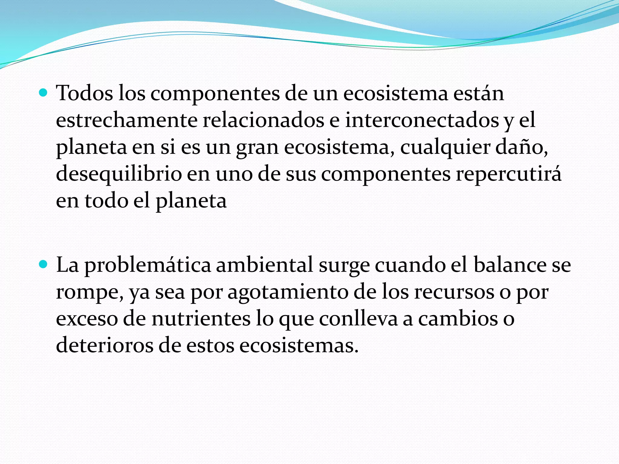  Todos los componentes de un ecosistema están
 estrechamente relacionados e interconectados y el
 planeta en si es un gran ecosistema, cualquier daño,
 desequilibrio en uno de sus componentes repercutirá
 en todo el planeta

 La problemática ambiental surge cuando el balance se
 rompe, ya sea por agotamiento de los recursos o por
 exceso de nutrientes lo que conlleva a cambios o
 deterioros de estos ecosistemas.
 