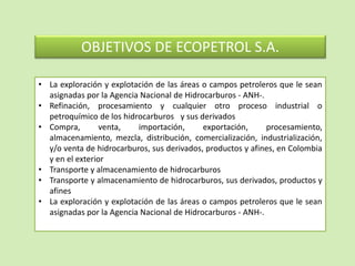 OBJETIVOS DE ECOPETROL S.A.
• La exploración y explotación de las áreas o campos petroleros que le sean
asignadas por la Agencia Nacional de Hidrocarburos - ANH-.
• Refinación, procesamiento y cualquier otro proceso industrial o
petroquímico de los hidrocarburos y sus derivados
• Compra, venta, importación, exportación, procesamiento,
almacenamiento, mezcla, distribución, comercialización, industrialización,
y/o venta de hidrocarburos, sus derivados, productos y afines, en Colombia
y en el exterior
• Transporte y almacenamiento de hidrocarburos
• Transporte y almacenamiento de hidrocarburos, sus derivados, productos y
afines
• La exploración y explotación de las áreas o campos petroleros que le sean
asignadas por la Agencia Nacional de Hidrocarburos - ANH-.
 