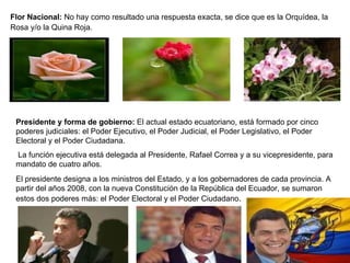 Flor Nacional:  No hay como resultado una respuesta exacta, se dice que es la Orquídea, la Rosa y/o la Quina Roja.   Presidente y forma de gobierno:  El actual estado ecuatoriano, está formado por cinco poderes judiciales: el Poder Ejecutivo, el Poder Judicial, el Poder Legislativo, el Poder Electoral y el Poder Ciudadana.  La función ejecutiva está delegada al Presidente, Rafael Correa y a su vicepresidente, para mandato de cuatro años.  El presidente designa a los ministros del Estado, y a los gobernadores de cada provincia. A partir del años 2008, con la nueva Constitución de la República del Ecuador, se sumaron estos dos poderes más: el Poder Electoral y el Poder Ciudadano .  