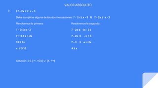 VALOR ABSOLUTO
2. I 7 - 2x I ≥ x - 3
Debe cumplirse alguna de los dos inecuaciones: 7 - 2x ≥ x - 3 U 7 - 2x ≤ x - 3
Resolvemos la primera: Resolvemos la segunda:
7 - 2x ≥ x - 3 7 - 2x ≤ - (x - 3 )
7 + 3 ≥ x + 2x 7 - 2x ≤ - x + 3
10 ≥ 3x 7 - 3 ≤ -x + 2x
x ≤ 3/10 4 ≤ x
Solución: x E [-∞, 10/3] U [4, +∞)
 