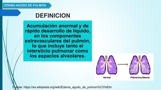 DEFINICION
EDEMA AGUDO DE PULMON
Fuente: https://es.wikipedia.org/wiki/Edema_agudo_de_pulmon%C3%B3n
Acumulación anormal y de
rápido desarrollo de líquido,
en los componentes
extravasculares del pulmón,
lo que incluye tanto el
intersticio pulmonar como
los espacios alveolares.
 