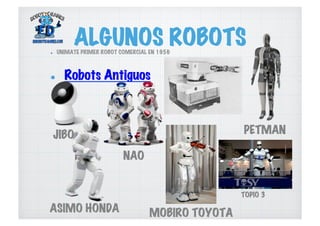 ALGUNOS ROBOTS  UNIMATE PRIMER ROBOT COMERCIAL EN 1956
Robots Antiguos
JIBO
NAO
MOBIRO TOYOTA
TOPIO 3
ASIMO HONDA
PETMAN
 