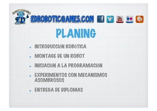 PLANING
  INTRODUCCIÓN ROBÓTICA
  MONTAGE DE UN ROBOT
  INICIACIÓN A LA PROGRAMACIÓN
  EXPERIMENTOS CON MECANISMOS
ASOMBROSOS
  ENTREGA DE DIPLOMAS
 