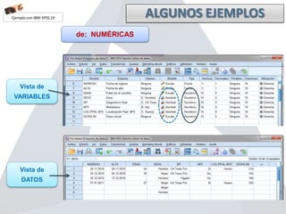 Ejemplo con IBM-SPSS.19
de: NUMÉRICAS
Vista de
VARIABLES
Vista de
DATOS
 