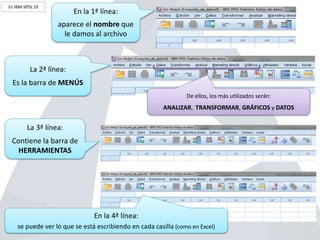 En la 1ª línea:
aparece el nombre que
le damos al archivo
La 2ª línea:
Es la barra de MENÚS
De ellos, los más utilizados serán:
ANALIZAR, TRANSFORMAR, GRÁFICOS y DATOS
La 3ª línea:
Contiene la barra de
HERRAMIENTAS
En la 4ª línea:
se puede ver lo que se está escribiendo en cada casilla (como en Excel)
En IBM-SPSS.19
 
