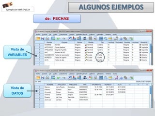 Ejemplo con IBM-SPSS.19
de: FECHAS
Vista de
VARIABLES
Vista de
DATOS
 