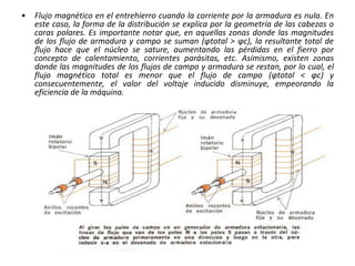 • Flujo magnético en el entrehierro cuando la corriente por la armadura es nula. En
este caso, la forma de la distribución se explica por la geometría de las cabezas o
caras polares. Es importante notar que, en aquellas zonas donde las magnitudes
de los flujo de armadura y campo se suman (φtotal > φc), la resultante total de
flujo hace que el núcleo se sature, aumentando las pérdidas en el fierro por
concepto de calentamiento, corrientes parásitas, etc. Asimismo, existen zonas
donde las magnitudes de los flujos de campo y armadura se restan, por lo cual, el
flujo magnético total es menor que el flujo de campo (φtotal < φc) y
consecuentemente, el valor del voltaje inducido disminuye, empeorando la
eficiencia de la máquina.
 