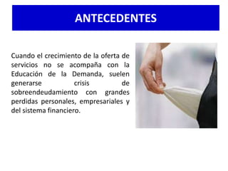 ANTECEDENTES    ANTECEDENTES

Cuando el crecimiento de la oferta de
servicios no se acompaña con la
Educación de la Demanda, suelen
generarse            crisis        de
sobreendeudamiento con grandes
perdidas personales, empresariales y
del sistema financiero.
 