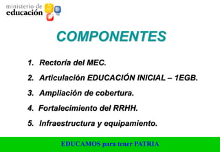 EDUCAMOS para tener PATRIA
1. Rectoría del MEC.
2. Articulación EDUCACIÓN INICIAL – 1EGB.
3. Ampliación de cobertura.
4. Fortalecimiento del RRHH.
5. Infraestructura y equipamiento.
COMPONENTES
 