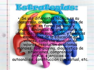 • Se usó diferentes técnica en su
desarrollo, análisis de materiales de
apoyo, en forma personal y
grupal, dinámicas de grupo, lluvia de
ideas, discusión socializada, y técnicas
específicas de la educación en
valores, como clarificación de
valores, resolución de dilemas
morales, role-playing, diagnóstico de
situaciones, comprensión
crítica, ejercicios de
autoanálisis, construcción conceptual, etc.
 
