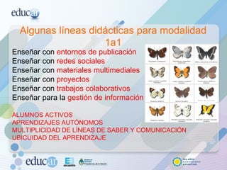 Algunas líneas didácticas para modalidad 1a1 Enseñar con  entornos de publicación Enseñar con  redes sociales Enseñar con  materiales multimediales Enseñar con  proyectos  Enseñar con  trabajos colaborativos Enseñar para la  gestión de información ALUMNOS ACTIVOS APRENDIZAJES AUTÓNOMOS MULTIPLICIDAD DE LÍNEAS DE SABER Y COMUNICACIÓN UBICUIDAD DEL APRENDIZAJE 