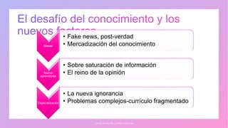 Masas
• Fake news, post-verdad
• Mercadización del conocimiento
Nuevo
aprendizaje
• Sobre saturación de información
• El reino de la opinión
Especialización
• La nueva ignorancia
• Problemas complejos-currículo fragmentado
J U A N M A R T Í N L Ó P E Z - C A L V A
 