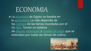 ECONOMIA
 La economía de Egipto se basaba en
la agricultura. La vida dependía de
los cultivos de las tierras inundadas por el
río Nilo. Tenían un sistema
de diques, estanques y canales de riego que se
extendían por todas las tierras de cultivo.
 