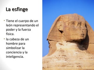 La esfingeLa esfinge
• Tiene el cuerpo de un
león representando el
poder y la fuerza
física.
• la cabeza de un
hombre para
simbolizar la
conciencia y la
inteligencia.
 