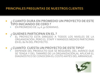    ¿ CUANTO DURA EN PROMEDIO UN PROYECTO DE ESTE
    TIPO INICIANDO DE CERO ?
       EN PROMEDIO DE 24 A 30 SEMANAS.

   ¿ QUIENES PARTICIPAN EN EL ?
       EL PROYECTO ESTA DIRIGIDO A TODOS LOS NIVELES DE LA
        ORGANIZACIÓN ,PERO EL STAFF Y MANDOS MEDIOS PARTICIPAN
        EN EL 80 % DEL PROYECTO.

   ¿ CUANTO CUESTA UN PROYECTO DE ESTE TIPO?
       DEPENDE DEL PRODUCTO QUE SE REQUIERA, DEL AVANCE QUE
        SE TENGA Y DEL TAMAÑO DE LA ORGANIZACIÓN,AL APLICAR EL
        DIAGNÓSTICO SE CONOCERA EL COSTO ANTES DEL ARRANQUE.
 