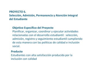Objetivo Específico del Proyecto Planificar, organizar, coordinar y ejecutar actividades relacionadas con el desarrollo estudiantil:  selección, admisión, registro y seguimiento estudiantil cumpliendo de esta manera con las políticas de calidad e inclusión social. PROYECTO 6. Selección, Admisión, Permanencia y Atención Integral del Estudiante Producto Estudiantes con alta satisfacción producida por la inclusión con calidad 