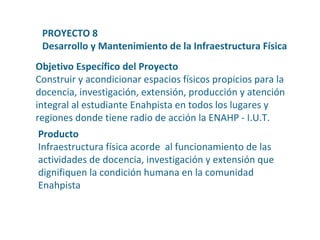 Objetivo Específico del Proyecto Construir y acondicionar espacios físicos propicios para la docencia, investigación, extensión, producción y atención integral al estudiante Enahpista en todos los lugares y regiones donde tiene radio de acción la ENAHP - I.U.T. PROYECTO 8  Desarrollo y Mantenimiento de la Infraestructura Física Producto Infraestructura física acorde  al funcionamiento de las actividades de docencia, investigación y extensión que dignifiquen la condición humana en la comunidad Enahpista 