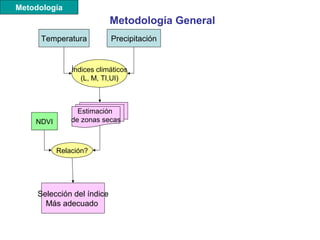 Metodología General
PrecipitaciónTemperatura
NDVI
Relación?
Selección del índice
Más adecuado
Estimación
de zonas secas
Índices climáticos
(L, M, TI,UI)
Metodología
 