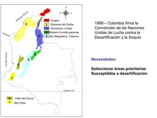 7
Guajira
Sabanas del Caribe
Santander y Cesar
Altiplano Cundiboyacense
Alto Magdalena -Tatacoa
1
2
3
4
5
6
1
2
3
4
5
6
7
Valle del Cauca
Alto Patia
N
EW
S
Panama
A
tlantic Ocean
PacificOcean
Equator O°
1998 – Colombia firma la
Convención de las Naciones
Unidas de Lucha contra la
Desertificación y la Sequía
Necesidades:
Seleccionar áreas prioritarias
Susceptibles a desertificación
 