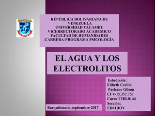 REPÚBLICA BOLIVARIANA DE
VENEZUELA
UNIVERSIDAD YACAMBU
VICERRECTORADO ACADEMICO
FACULTAD DE HUMANIDADES
CARRERA-PROGRAMA PSICOLOGÍA
Estudiante:
Elibeth Cecilia
Pachano Gilson
CI V-15.352.757
Curso:THB-0144
Sección:
ED01DOVBarquisimeto, septiembre 2017
ELAGUA Y LOS
ELECTROLITOS
 