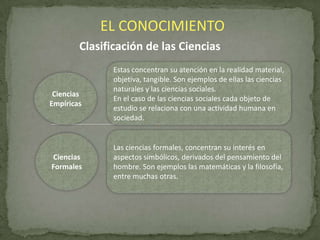 EL CONOCIMIENTO
Clasificación de las Ciencias

Ciencias
Empíricas

Ciencias
Formales

Estas concentran su atención en la realidad material,
objetiva, tangible. Son ejemplos de ellas las ciencias
naturales y las ciencias sociales.
En el caso de las ciencias sociales cada objeto de
estudio se relaciona con una actividad humana en
sociedad.

Las ciencias formales, concentran su interés en
aspectos simbólicos, derivados del pensamiento del
hombre. Son ejemplos las matemáticas y la filosofía,
entre muchas otras.

 