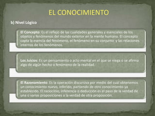 EL CONOCIMIENTO
b) Nivel Lógico
El Concepto: Es el reflejo de las cualidades generales y esenciales de los
objetos y fenómenos del mundo exterior en la mente humana. El concepto
capta la esencia del fenómeno, el fenómeno en su conjunto y las relaciones
internas de los fenómenos.

Los Juicios: Es un pensamiento o acto mental en el que se niega o se afirma
algo de algún hecho o fenómeno de la realidad.

El Razonamiento: Es la operación discursiva por medio del cual obtenemos
un conocimiento nuevo, inferido, partiendo de otro conocimiento ya
establecido. El raciocinio, inferencia o deducción es el paso de la verdad de
una o varias proposiciones a la verdad de otra proposición.

 