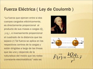 Fuerza Eléctrica ( Ley de Coulomb )
“La fuerza que ejercen entre si dos
cuerpos cargados eléctricamente,
es directamente proporcional al
producto de sus masas o cargas (Q1
y q2) , e inversamente proporcional
al cuadrado de la distancia que las
separa (r) Tal fuerza se aplica en los
respectivos centros de la cargas y
están dirigidas a largo de las líneas
que las une y depende de la
                                                 kQ1q2 
naturaleza del medio que les rodea
(constante electrostática)“ esto es:
                                         F (r ) =    2
                                                        r
                                                   r
 