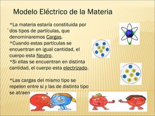 Modelo Eléctrico de la Materia
  *La materia estaría constituida por
   :

  dos tipos de partículas, que
  denominaremos Cargas.
  *Cuando estas partículas se
  encuentran en igual cantidad, el
  cuerpo esta Neutro.
  *Si ellas se encuentran en distinta
  cantidad, el cuerpo esta electrizado.

 *Las cargas del mismo tipo se
 repelen entre si y las de distinto tipo
 se atraen.
 
