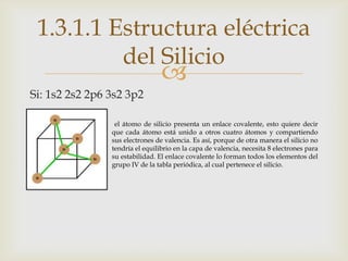 1.3.1.1 Estructura eléctrica
          del Silicio
                                  
Si: 1s2 2s2 2p6 3s2 3p2

               el átomo de silicio presenta un enlace covalente, esto quiere decir
                que cada átomo está unido a otros cuatro átomos y compartiendo
                sus electrones de valencia. Es así, porque de otra manera el silicio no
                tendría el equilibrio en la capa de valencia, necesita 8 electrones para
                su estabilidad. El enlace covalente lo forman todos los elementos del
                grupo IV de la tabla periódica, al cual pertenece el silicio.
 