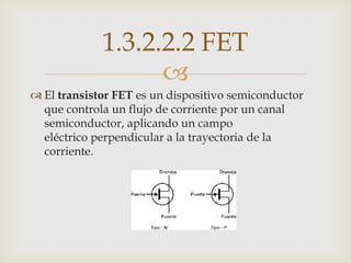 1.3.2.2.2 FET
                   
 El transistor FET es un dispositivo semiconductor
  que controla un flujo de corriente por un canal
  semiconductor, aplicando un campo
  eléctrico perpendicular a la trayectoria de la
  corriente.
 