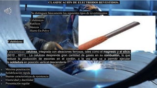 CLASIFICACIÓN DE ELECTRODOS REVESTIDOS:
Se distinguen básicamente los siguientes tipos de revestimientos:
 Celulósicos
 Rutilicos
 Básicos
 Hierro En Polvo
 Celulósicos:
Características: celulosa, integrada con aleaciones ferrosas, tales como el magnesio y el silicio
(6010 , 6011) . La celulosa desprende gran cantidad de gases en su combustión, lo que
reduce la producción de escorias en el cordón, a la vez que va a permitir ejecutar
la soldadura en posición vertical descendente
 Máxima penetración
 Solidificación rápida
 Buenas características de resistencia
 Elasticidad y ductilidad
 Presentación regular
 