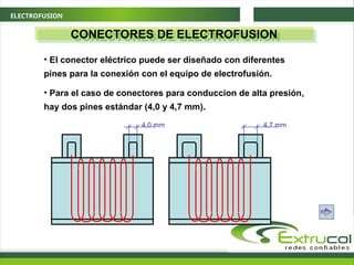 ELECTROFUSION
CONECTORES DE ELECTROFUSION
• El conector eléctrico puede ser diseñado con diferentes
pines para la conexión con el equipo de electrofusión.
• Para el caso de conectores para conduccion de alta presión,
hay dos pines estándar (4,0 y 4,7 mm).
4,7 mm
4,0 mm
 