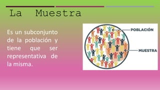 Es un subconjunto
de la población y
tiene que ser
representativa de
la misma.
La Muestra
 