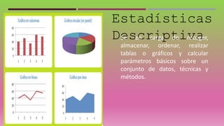 Estadísticas
DescriptivaSe en carga de recoger,
almacenar, ordenar, realizar
tablas o gráficos y calcular
parámetros básicos sobre un
conjunto de datos, técnicas y
métodos.
 