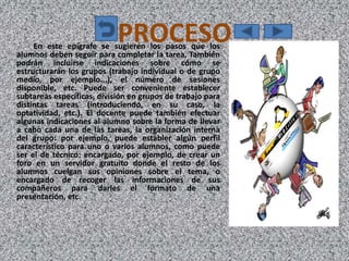 PROCESO
     En este epígrafe se sugieren los pasos que los
alumnos deben seguir para completar la tarea. También
podrán incluirse indicaciones sobre cómo se
estructurarán los grupos (trabajo individual o de grupo
medio, por ejemplo...), el número de sesiones
disponible, etc. Puede ser conveniente establecer
subtareas específicas, división en grupos de trabajo para
distintas tareas (introduciendo, en su caso, la
optatividad, etc.). El docente puede también efectuar
algunas indicaciones al alumno sobre la forma de llevar
a cabo cada una de las tareas, la organización interna
del grupo: por ejemplo, puede establer algún perfil
característico para uno o varios alumnos, como puede
ser el de técnico: encargado, por ejemplo, de crear un
foro en un servidor gratuito donde el resto de los
alumnos cuelgan sus opiniones sobre el tema, o
encargado de recoger las informaciones de sus
compañeros para darles el formato de una
presentación, etc.
 