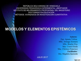 REPÚBLICA BOLIVARIANA DE VENEZUELA
UNIVERSIDAD PEDAGÓGICA EXPERIMENTAL LIBERTADOR
INSTITUTO DE MEJORAMIENTO PROFESIONAL DEL MAGISTERIO
DOCTORADO EN EDUCACIÓN
MÉTODOS AVANZADOS EN INVESTIGACIÓN CUANTITATIVA
Autores:
Esp. Aponte Yelitza
MSc. Arteaga Xiomara
MSc. Bracho Elsy
Msc. Curiel Elsida
Msc. Chirinos Francisco
Facilitador:
Dra. Migdalia Quevedo
JULIO 2017
 