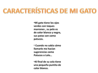 •Mi gato tiene los ojos
verdes con toques
marrones , su pelo es
de color blanco y negro,
sus patas son como
patucos.
• Cuando no sabía cómo
llamarle me hacían
sugerencias como
Patucos o Lolo…
•Al final de su cola tiene
una pequeña puntita de
color blanco.

 