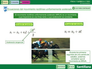 Ecuaciones del movimiento rectilíneo uniformemente acelerado El movimiento rectilíneo uniformemente acelerado (MRUA) es un movimiento cuya trayectoria es una línea recta y cuya aceleración es constante. Ecuación de posición Ecuación de velocidad Aceleración tangencial Durante los primeros segundos de una carrera de caballos, podemos considerar que el movimiento es MRUA. ESQUEMA INTERNET SALIR ANTERIOR CLIC PARA CONTINUAR INICIO 