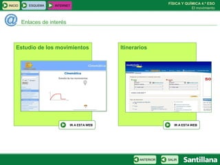 FÍSICA Y QUÍMICA 4.º ESO
El movimiento
Enlaces de interés
ESQUEMA INTERNET
SALIRANTERIOR
INICIO
Estudio de los movimientos
IR A ESTA WEB
Itinerarios
IR A ESTA WEB
 