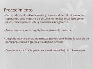 Procedimiento
• Con ayuda de el palillo de metal y observando en el microscopio
separamos de la muestra de el suelo materiales orgánicos como
pasto, raíces, plantas ,etc. y materiales inorgánicos.
• Buscamos para ver si hay algún ser vivo en la muestra.
• Después de analizar las muestras, sacamos de el horno la capsula de
porcelana con los 2 gramos y la dejamos enfriar.
• Cuando ya esta fría, la pesamos y analizamos bajo el microscopio.
 