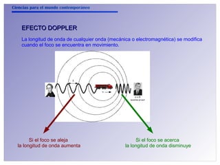 Ciencias para el mundo contemporáneo 
EEFFEECCTTOO DDOOPPPPLLEERR 
La longitud de onda de cualquier onda (mecánica o electromagnética) se modifica 
cuando el foco se encuentra en movimiento. 
Si el foco se aleja 
la longitud de onda aumenta 
Si el foco se acerca 
la longitud de onda disminuye 
 