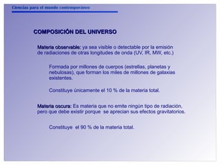 Ciencias para el mundo contemporáneo 
COMPOSICIÓN DDEELL UUNNIIVVEERRSSOO 
MMaatteerriiaa oobbsseerrvvaabbllee:: ya sea visible o detectable por la emisión 
de radiaciones de otras longitudes de onda (UV, IR, MW, etc.) 
Formada por millones de cuerpos (estrellas, planetas y 
nebulosas), que forman los miles de millones de galaxias 
existentes. 
Constituye únicamente el 10 % de la materia total. 
MMaatteerriiaa oossccuurraa:: Es materia que no emite ningún tipo de radiación, 
pero que debe existir porque se aprecian sus efectos gravitatorios. 
Constituye el 90 % de la materia total. 
 