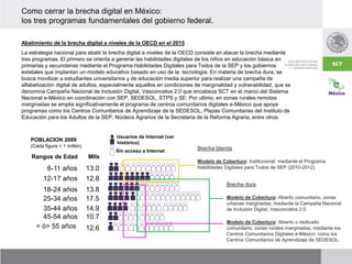 Como cerrar la brecha digital en México:
los tres programas fundamentales del gobierno federal.
Abatimiento de la brecha digital a niveles de la OECD en el 2015
La estrategia nacional para abatir la brecha digital a niveles de la OECD consiste en atacar la brecha mediante
tres programas. El primero se orienta a generar las habilidades digitales de los niños en educación básica en
primarias y secundarias mediante el Programa Habilidades Digitales para Todos de la SEP y los gobiernos
estatales que implantan un modelo educativo basado en uso de la tecnología. En materia de brecha dura, se
busca movilizar a estudiantes universitarios y de educación media superior para realizar una campaña de
alfabetización digital de adultos, especialmente aquellos en condiciones de marginalidad y vulnerabilidad, que se
denomina Campaña Nacional de Inclusión Digital, Vasconcelos 2.0 que encabeza SCT en el marco del Sistema
Nacional e-México en coordinación con SEP, SEDESOL, STPS y SE. Por ultimo, en zonas rurales remotas
marginadas se amplia significativamente el programa de centros comunitarios digitales e-México que apoya
programas como los Centros Comunitarios de Aprendizaje de la SEDESOL, Plazas Comunitarias del Instituto de
Educación para los Adultos de la SEP, Núcleos Agrarios de la Secretaria de la Reforma Agraria, entre otros.
12.8
13.8
17.5
14.9
10.7
12.6
13.0
12-17 años
18-24 años
25-34 años
35-44 años
45-54 años
= ó> 55 años
6-11 años
Rangos de Edad Mlls
Usuarios de Internet (ver
histórico)
Sin acceso a Internet
POBLACION 2009
(Cada figura = 1 millón)
Brecha dura
Modelo de Cobertura: Abierto comunitario, zonas
urbanas marginadas, mediante la Campaña Nacional
de Inclusión Digital, Vasconcelos 2.0.
Modelo de Cobertura: Abierto o dedicado
comunitario, zonas rurales marginadas, mediante los
Centros Comunitarios Digitales e-México, como los
Centros Comunitarios de Aprendizaje de SEDESOL.
Brecha blanda
Modelo de Cobertura: Institucional, mediante el Programa
Habilidades Digitales para Todos de SEP (2010-2012).
 