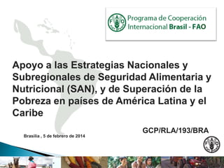 Apoyo a las Estrategias Nacionales y Subregionales de Seguridad Alimentaria y Nutricional (SAN), y de Superación de la Pobreza en países de América Latina y el Caribe 
GCP/RLA/193/BRA 
Brasilia , 5 de febrero de 2014  