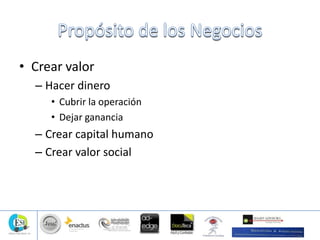 • Crear valor
– Hacer dinero
• Cubrir la operación
• Dejar ganancia
– Crear capital humano
– Crear valor social
 
