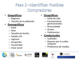 • Geográficos
– Regiones
– Tamaño de la población
• Demográficos
– Edad
– Sexo
– Tamaño de familia
– Estado civil
– Ingresos
– Ocupación
– Escolaridad
– Clase social
• Sicográficos
– Estilo de vida
– Características
generacionales
– Personalidad
– Gustos
– Preferencias
• Conductuales
– Lealtades
– Razones por la cuáles
compran
– Preferencia de medios
 