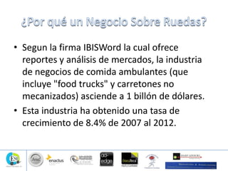 • Segun la firma IBISWord la cual ofrece
reportes y análisis de mercados, la industria
de negocios de comida ambulantes (que
incluye "food trucks" y carretones no
mecanizados) asciende a 1 billón de dólares.
• Esta industria ha obtenido una tasa de
crecimiento de 8.4% de 2007 al 2012.
 