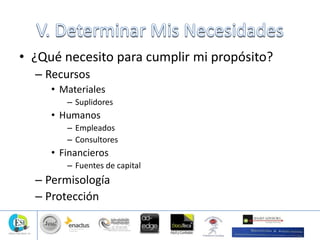 • ¿Qué necesito para cumplir mi propósito?
– Recursos
• Materiales
– Suplidores
• Humanos
– Empleados
– Consultores
• Financieros
– Fuentes de capital
– Permisología
– Protección
 