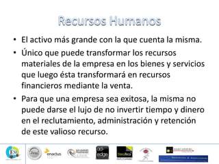 • El activo más grande con la que cuenta la misma.
• Único que puede transformar los recursos
materiales de la empresa en los bienes y servicios
que luego ésta transformará en recursos
financieros mediante la venta.
• Para que una empresa sea exitosa, la misma no
puede darse el lujo de no invertir tiempo y dinero
en el reclutamiento, administración y retención
de este valioso recurso.
 