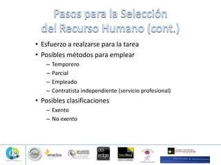 • Esfuerzo a realzarse para la tarea
• Posibles métodos para emplear
– Temporero
– Parcial
– Empleado
– Contratista independiente (servicio profesional)
• Posibles clasificaciones
– Exento
– No exento
 
